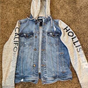 Hollister Blue Denim Jacket with Gray Hooded Sleeves